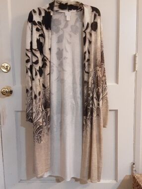 Chico's Beige and Black Floral Open-Front Cardigan